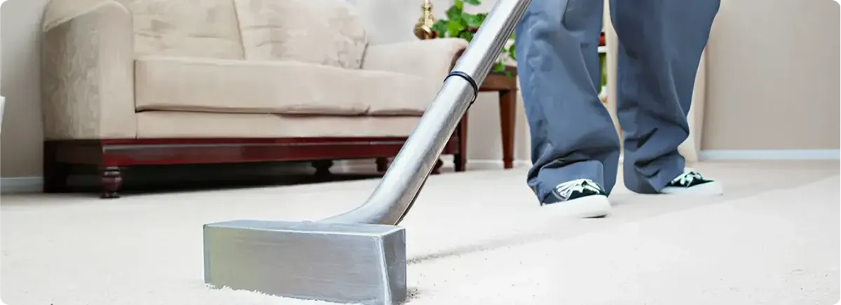 Carpet cleaning technician using a hot-water extraction wand on a light-colored carpet in a living room, Ogden, UT.