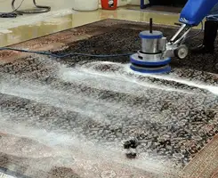 Professional rug cleaning with a rotary floor machine and shampoo foam, deep-cleaning an area rug, in Ogden, UT.